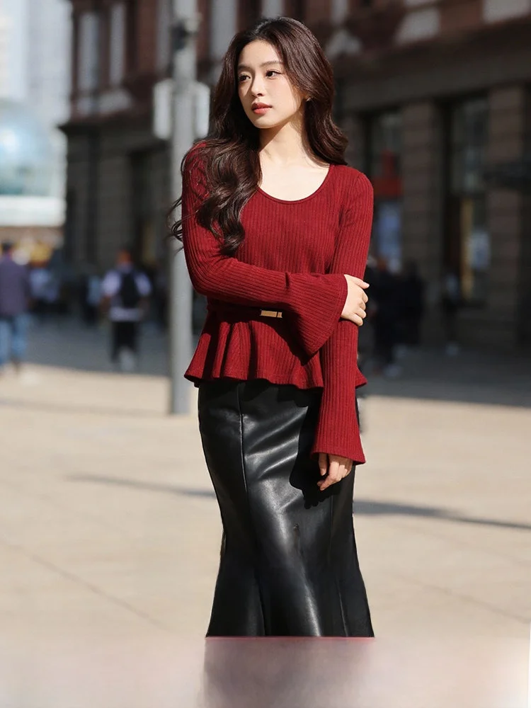 

plus Size Women's Faion Set Spring New High Waist A-Line Skirt Long Sve U-Ne Bell Sve Top And f Leather Skirt