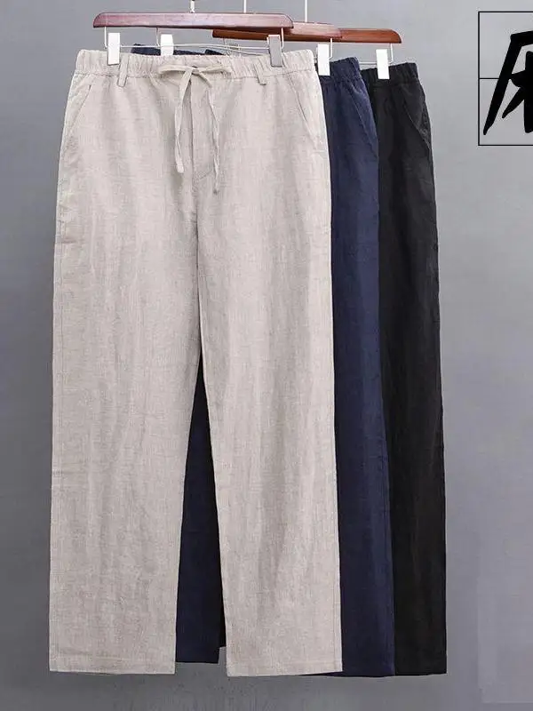 

Мужские летние тонкие свободные брюки из хлопка и льна прямого кроя, из льняной ткани с эффектом ледяного шелка, высококачественные, укороченные (до щиколотки), модные, брендовые, больших размеров, трендовые