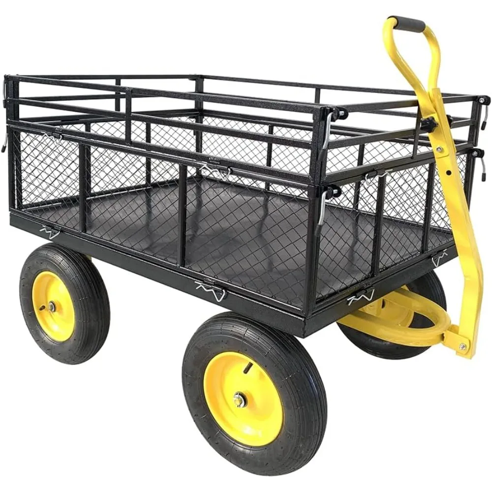 

garden cart with 16" flat free tires, heavy duty mesh steel 2000 lbs capacity folding utility wagon convertible 2-in-1 handle an