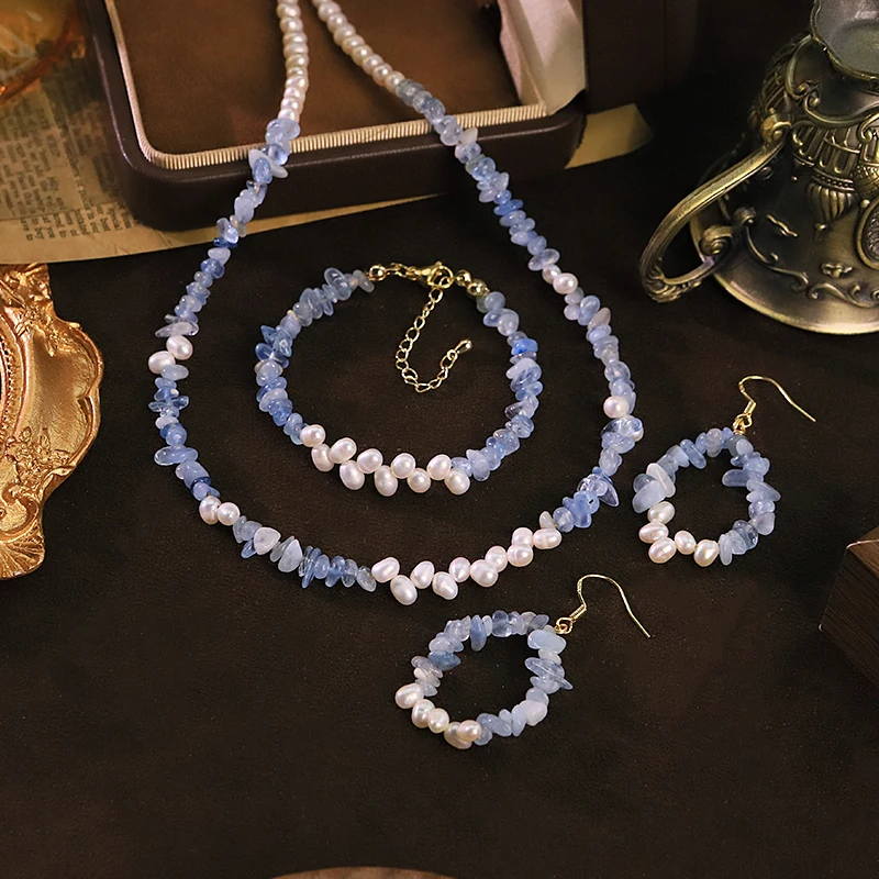 

Natural Freshwater Pearl Aquamarine Jewelry Set for Women Daily Vacation Jewelry Gift Fashion Pearl Jewelry Set Bohemian Jewelry