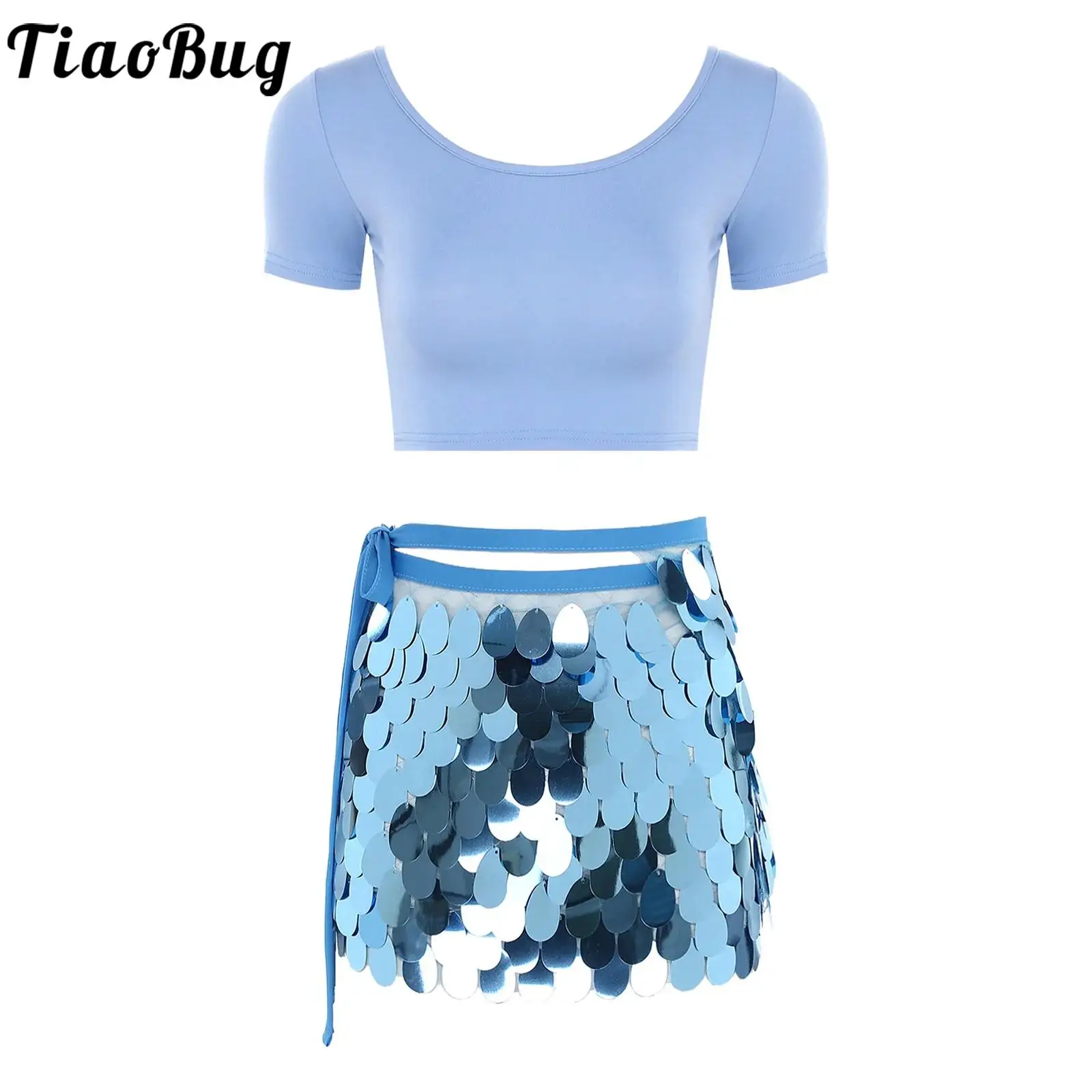 

Women Dance Costume Sets Crew Neck Short Sleeve Cropped Shirt and Shiny Sequin Lace-up Hip Scarf Set for Stage Class Club Party