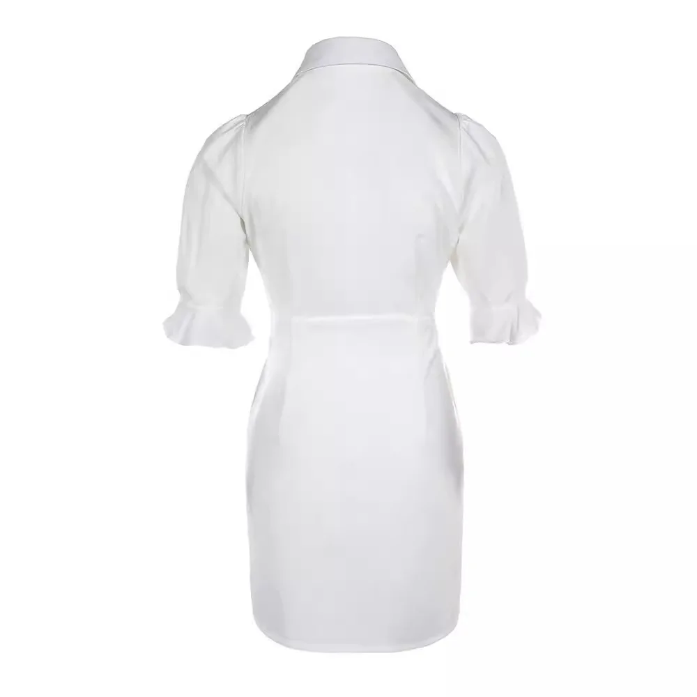 Summer Fashion White Turn-down Collar Shirt Mini Dress Elegant Women Casual Lantern Sleeve Button Pocket High Waist Slim Dresses