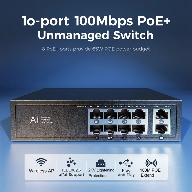 Conmutador POE, conmutador Ethernet de 100Mbps, divisor POE IEEE 802.3Af/At para cámara IP, enrutador inalámbrico AP Wifi, enchufe estadounidense