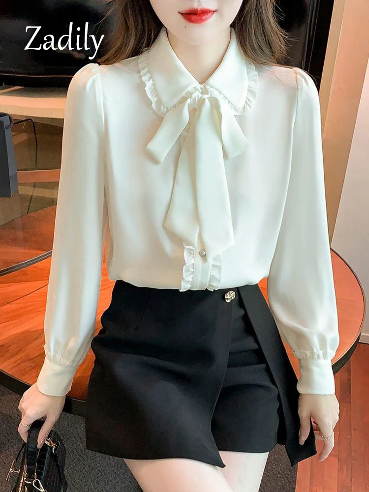 Zadily 2024 Summer Office Lady Long Sleeve Women White Shirt Korea Style Button Up Blouse Bow Tie Chic Clothing Female Tops