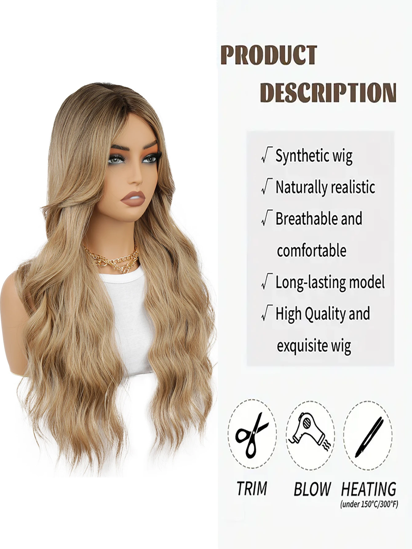 شعر صناعي طويل مموج ذهبي بني، شعر مستعار عالي الجودة 26 بوصة للنساء، يستخدم للاستخدام اليومي والكوسبلاي وعيد الميلاد وما إلى ذلك.