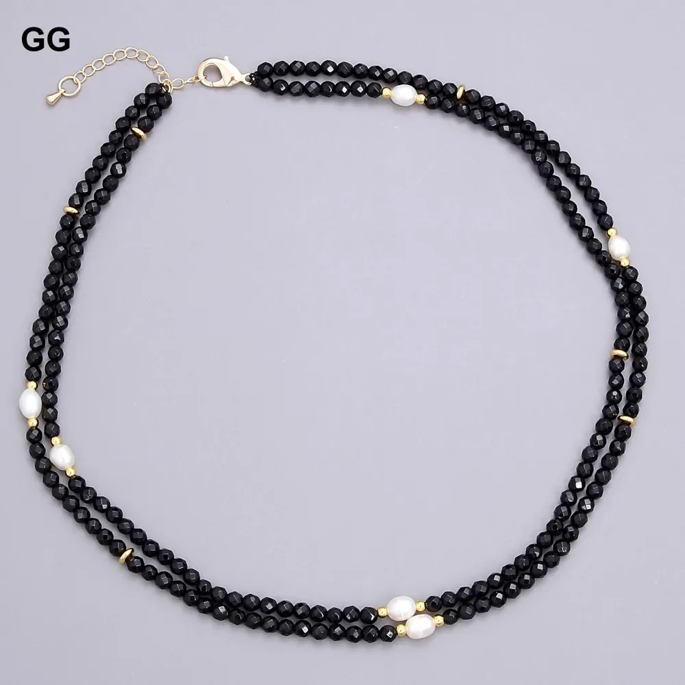 GG 2 Rows Natural Faceted Round Black Onyx Cultured White Rice Pearl Choker Necklace 17