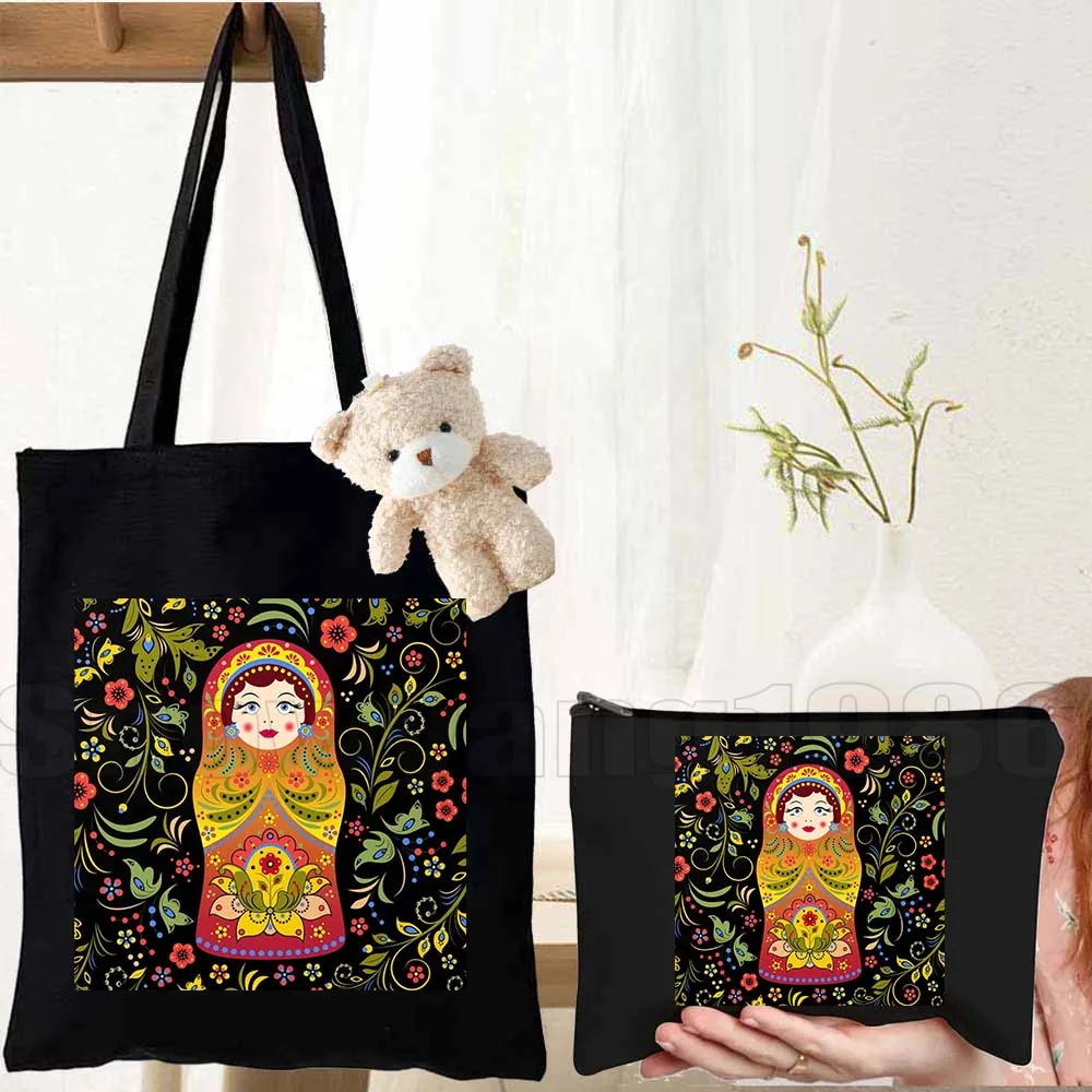 3pcs Matroshka Russian Dolls Moscow Kremlin Russia Colorful Khokhloma Art Canvas Shoulder Totes Bag Handbags Cotton Shopping Bag