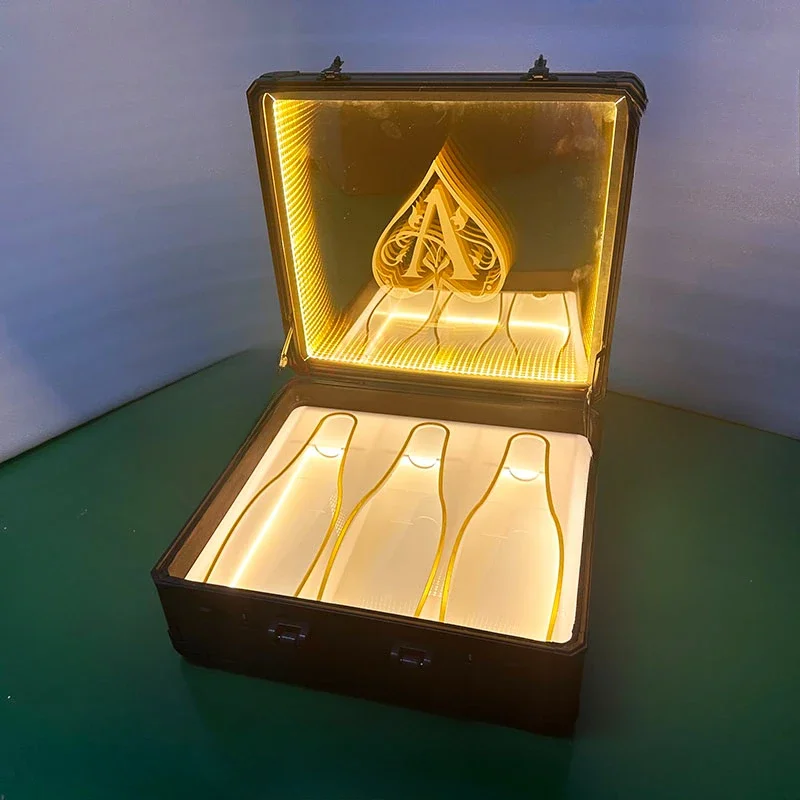 Iluminado led acrílico garrafa de champanhe display apresentador armário led mala acabamento dourado