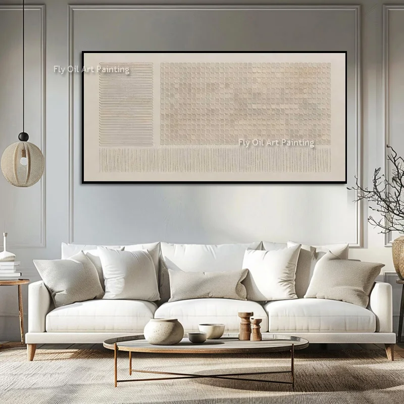 Original Thick Impasto Abstract Oil Painting, Handpainted Neutral Tone Relief Grid Stripe Art, Large Canvas Wall Hanging