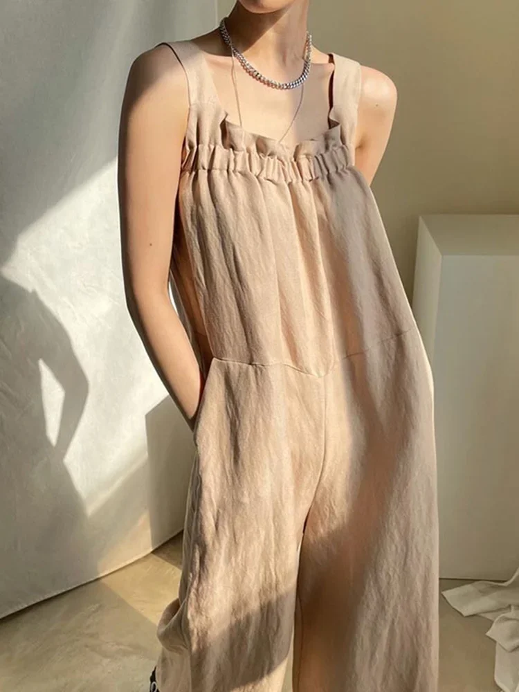 2024 Summer New Sleeveless Wrinkled Back Tie Loose Wide-leg Casual Suspender Jumpsuit Black Clothing Khaki Rompers