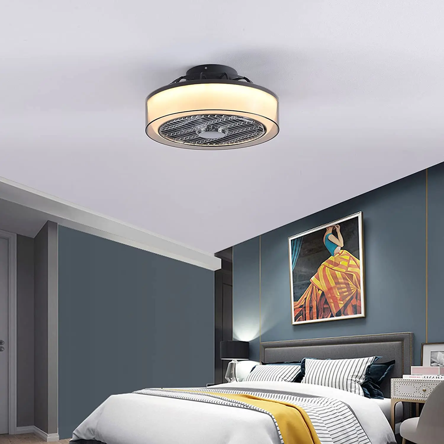 15 Inch Round Semi Flush Mount Low Profile Bladeless Ceiling Fan with Remote Control for Bedroom