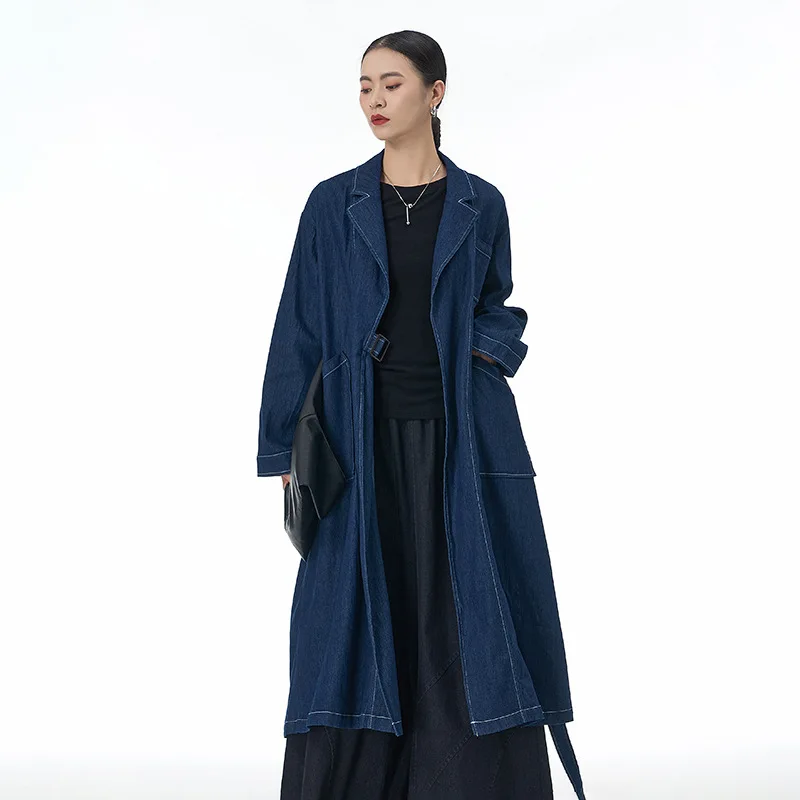 Europeu e americano temperamento denim trench coat casaco longo 2024 outono e inverno novo tamanho grande roupas femininas soltas