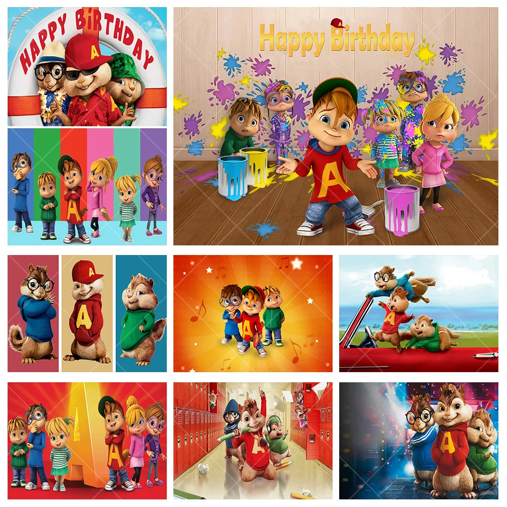 Disney Alvin and Chipmunks Simon Theodore Backdrop for Kids Birthday Photo Background Polyester Vinyl Decorate Studio Props