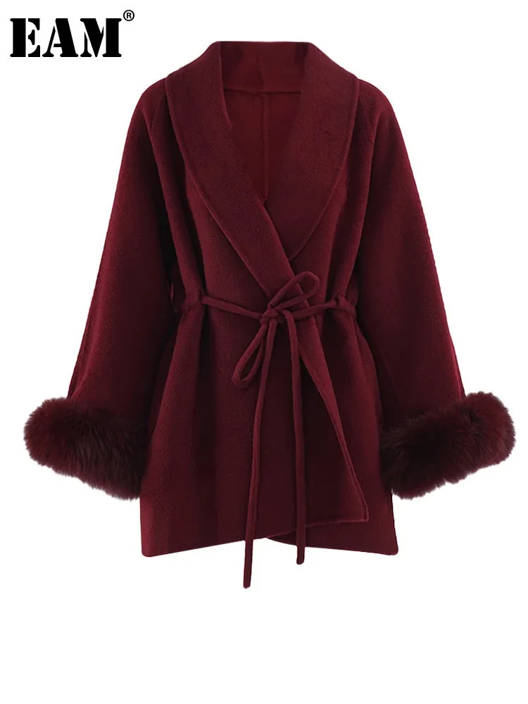 [EAM] Wine Red Cuff Fur Belted Big Size Woolen Coat New Lapel Long Sleeve Women Jacket Fashion Tide Autumn Winter 2024 CPG2463