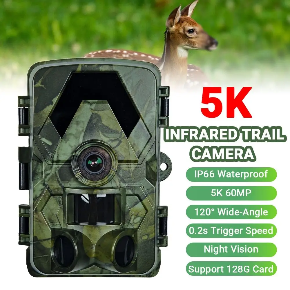 IP66 Waterproof Outdoor Infrared Trail Camera 120° Wide-Angle 0.2s Trigger Speed 60MP Wildlife Tracker Camera 5K Video