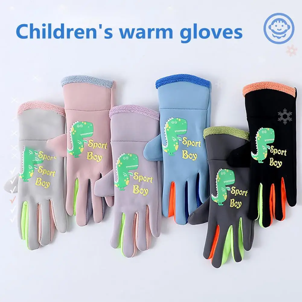 Windproof Gloves Winter Warm Gloves Water-resistant Cartoon Print Kids Cycling Gloves Outdoor Thermal Mittens with for Winter