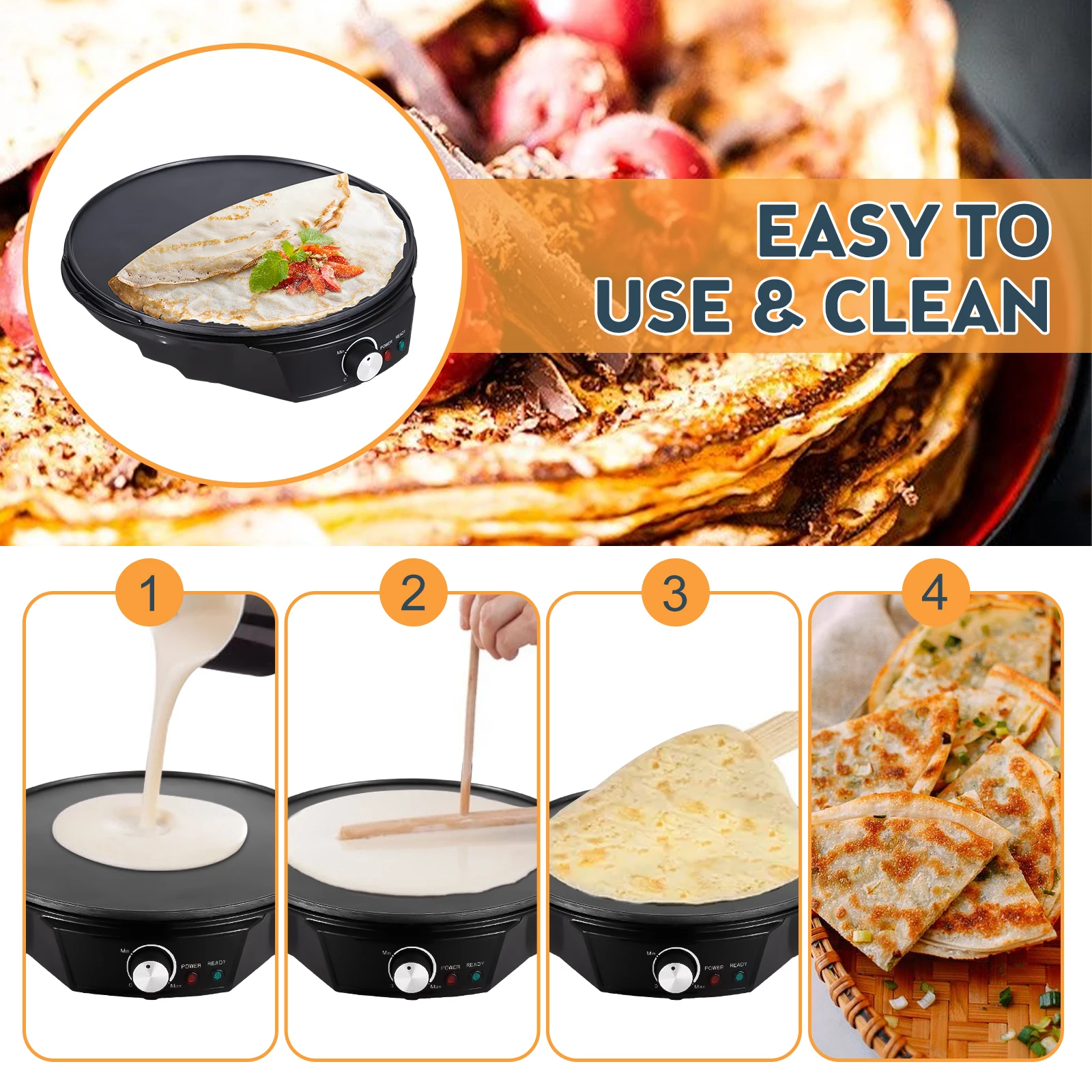 11 Inches Electric Crepe Maker 1200W 50-210 Celsius Degree Temperature Control Non-stick Pancake Griddle Wooden Spatula