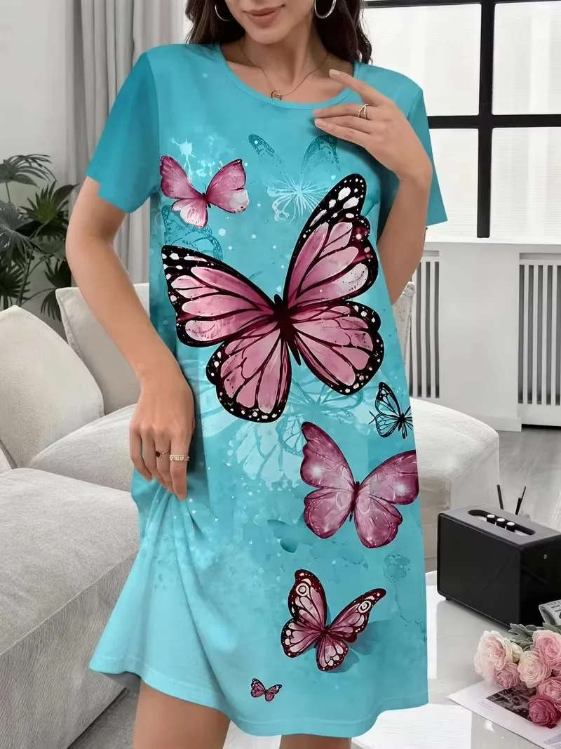 3XL Plus Size Women Dress Homewear New Summer Dress Loose Casual Short Sleeve O-Neck Butterfly Print A-Line Dress Beach Sundress