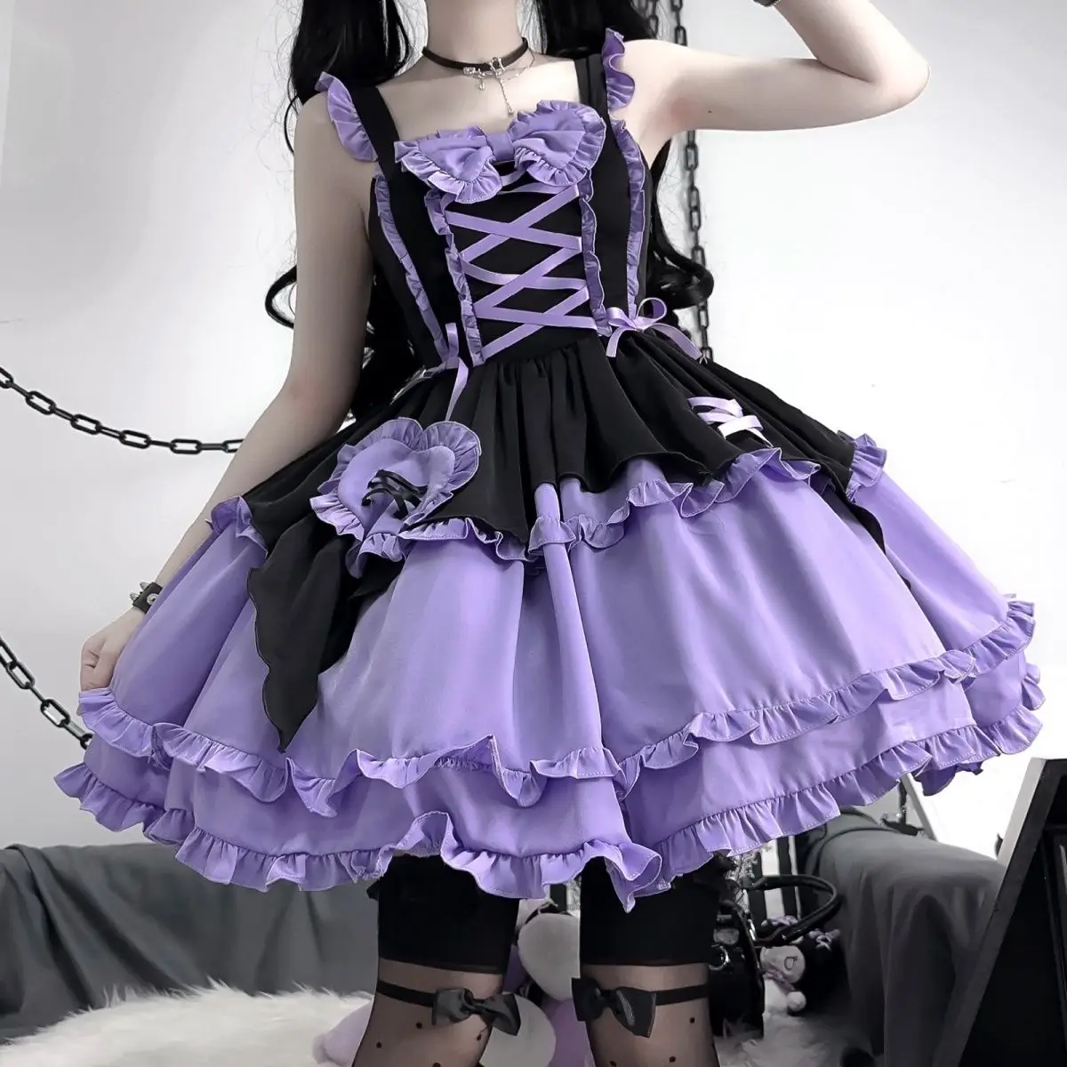 Halloween Victorian Lolita Jsk Dress Girl Witch Cosplay Purple Bowknot Strap Dress Gothic Women Fashion Kawaii Dresses