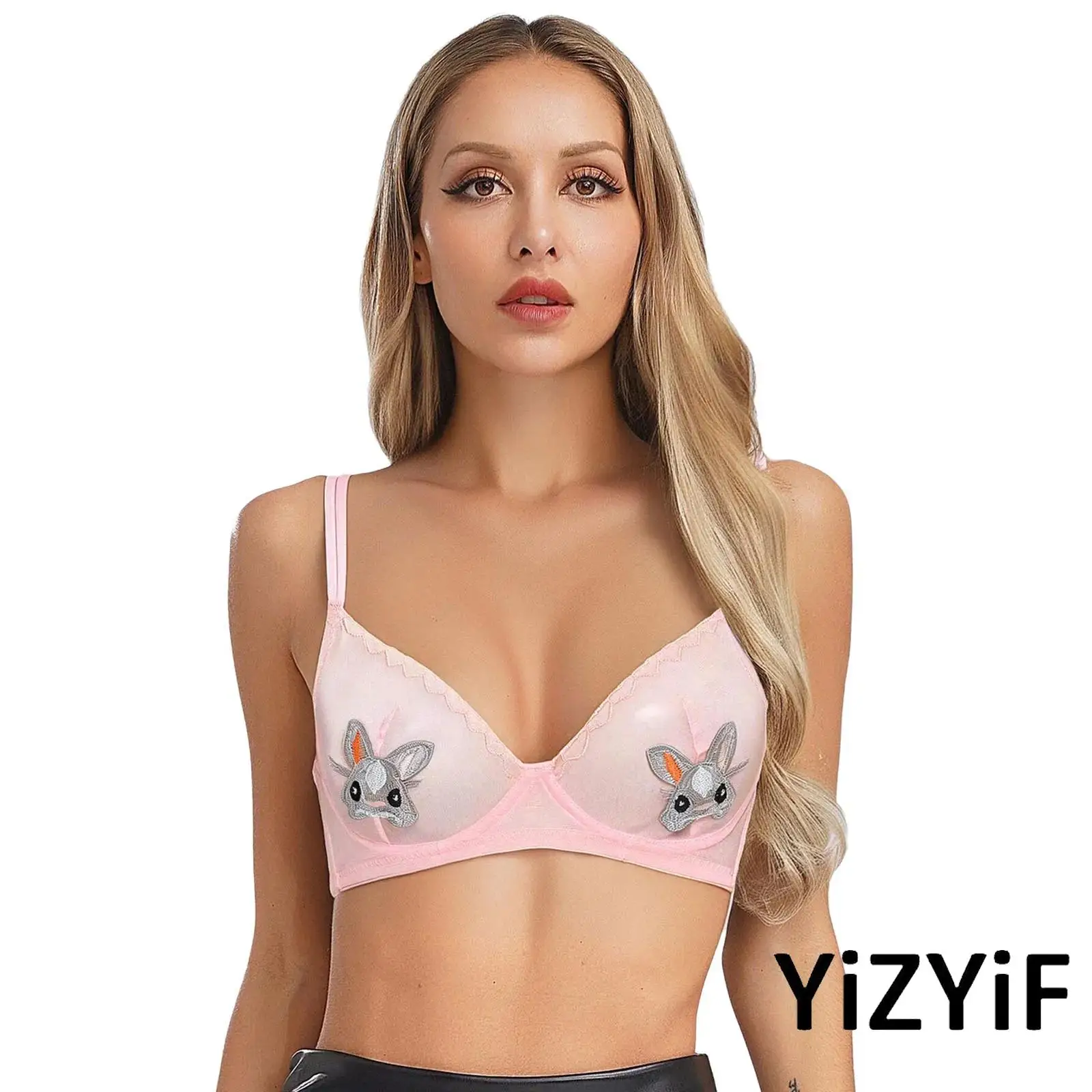 

Womens Transparent Rabbit Embroidery Bras Lingerie 3/4 Mesh Cup No-pad Underwire Cute Kawaii CartoonPush Up Bra Tops Balconette