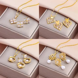 New Fashion 18K Gold Plated Necklaces Earrings Sets For Women Female Trendy Party Jewelry Girls Daily Wear Neck Chain Earrings