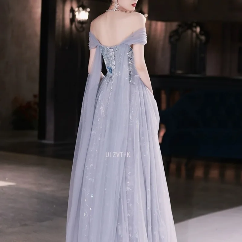 Licht Luxus Lange Abend Party Kleider Frauen Soiree Robe Sexy Off-Schulter Glitter Tüll Abendkleider Prom Kleider Angepasst