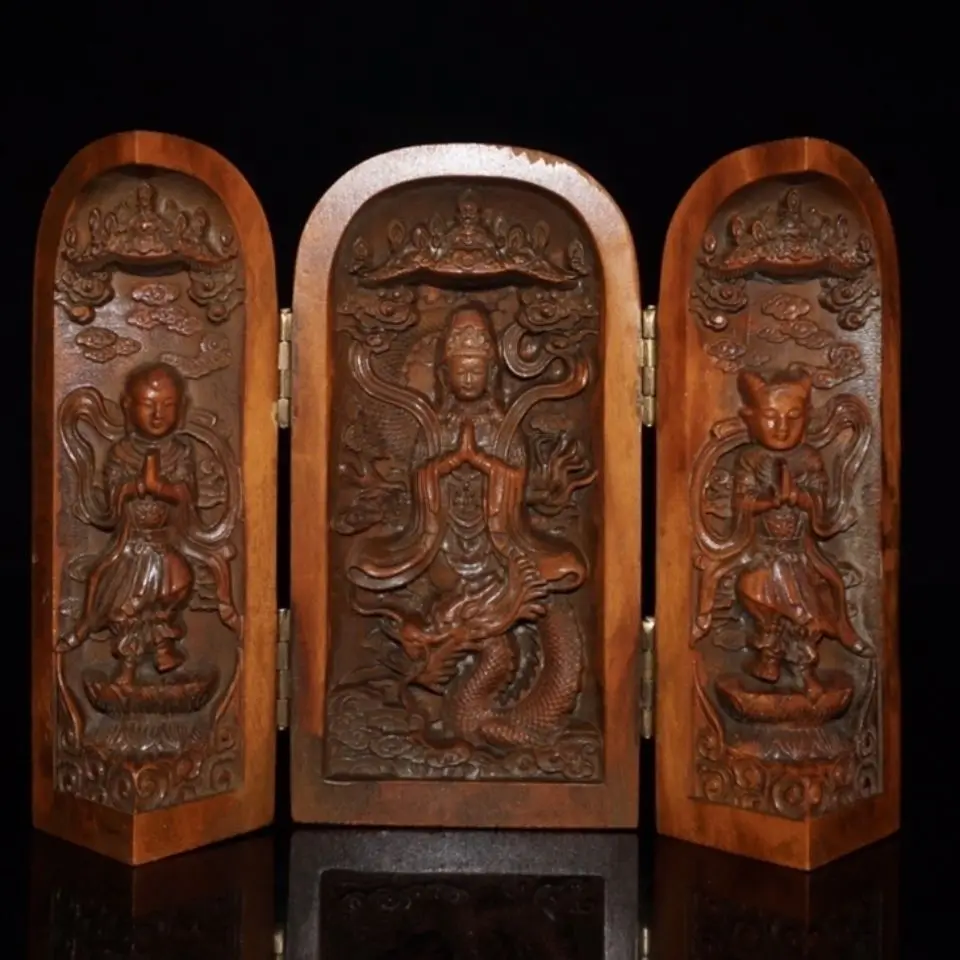 Hand Carved Wood Riding dragon guanyin bodhisattva buddhist Three-Fold Shrine box buddha Statue Figurine Desktop Ornaments
