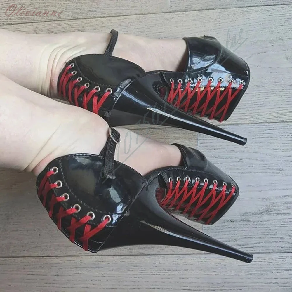 Back Strappy Design Sexy Sandals Peep Toe Black Shiny Leather Stiletto High Heels Pole Dance Stage Performance Women Shoes