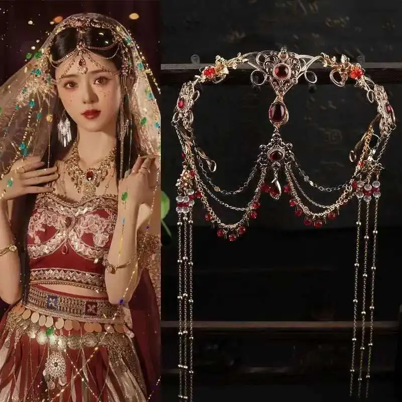 Women's Forehead Ornaments Metal Jewelry Ancient Chinese Hanfu Forehead Tassel Pendant Tiara Ornament Dance Jewelry Headdress