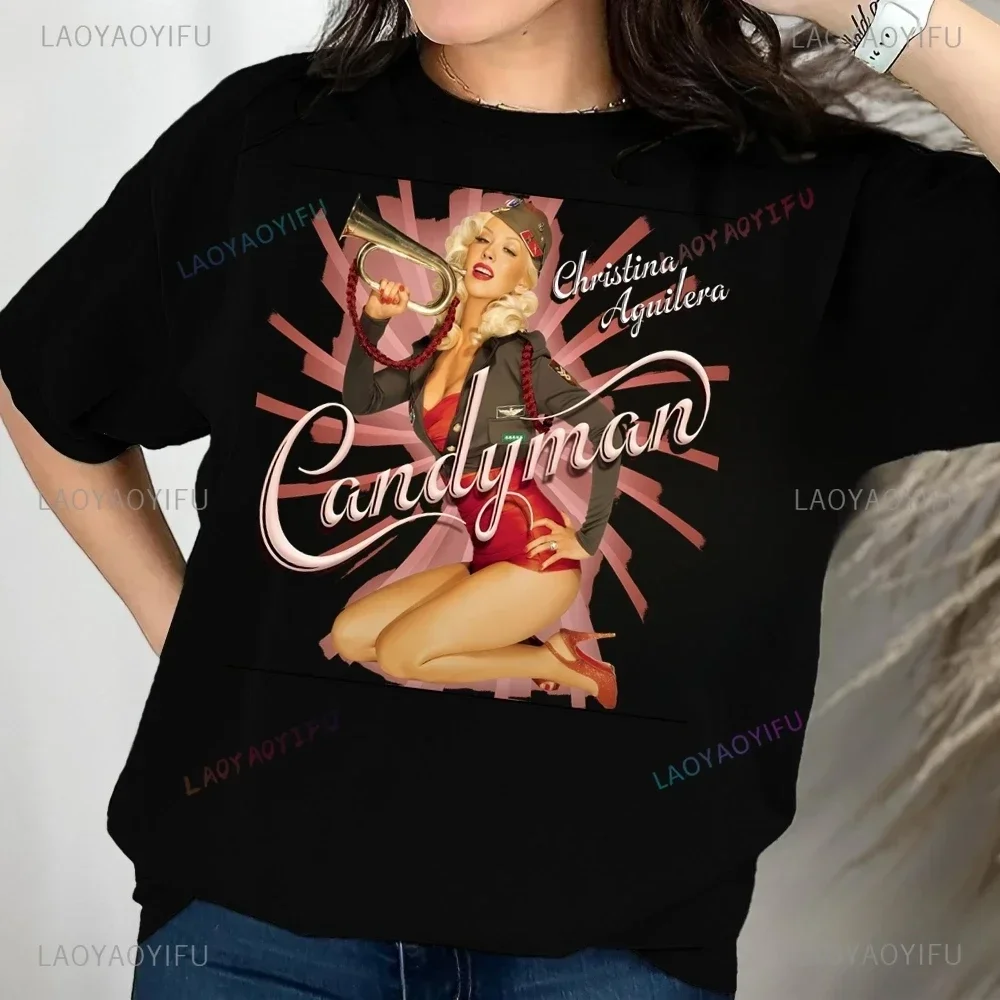 تي شيرت مطبوع عليه Streetwear Christina Aguilera Singer تي شيرت علوي للجنسين بأكمام قصيرة للجنسين تي شيرت جرافيك كبير الحجم