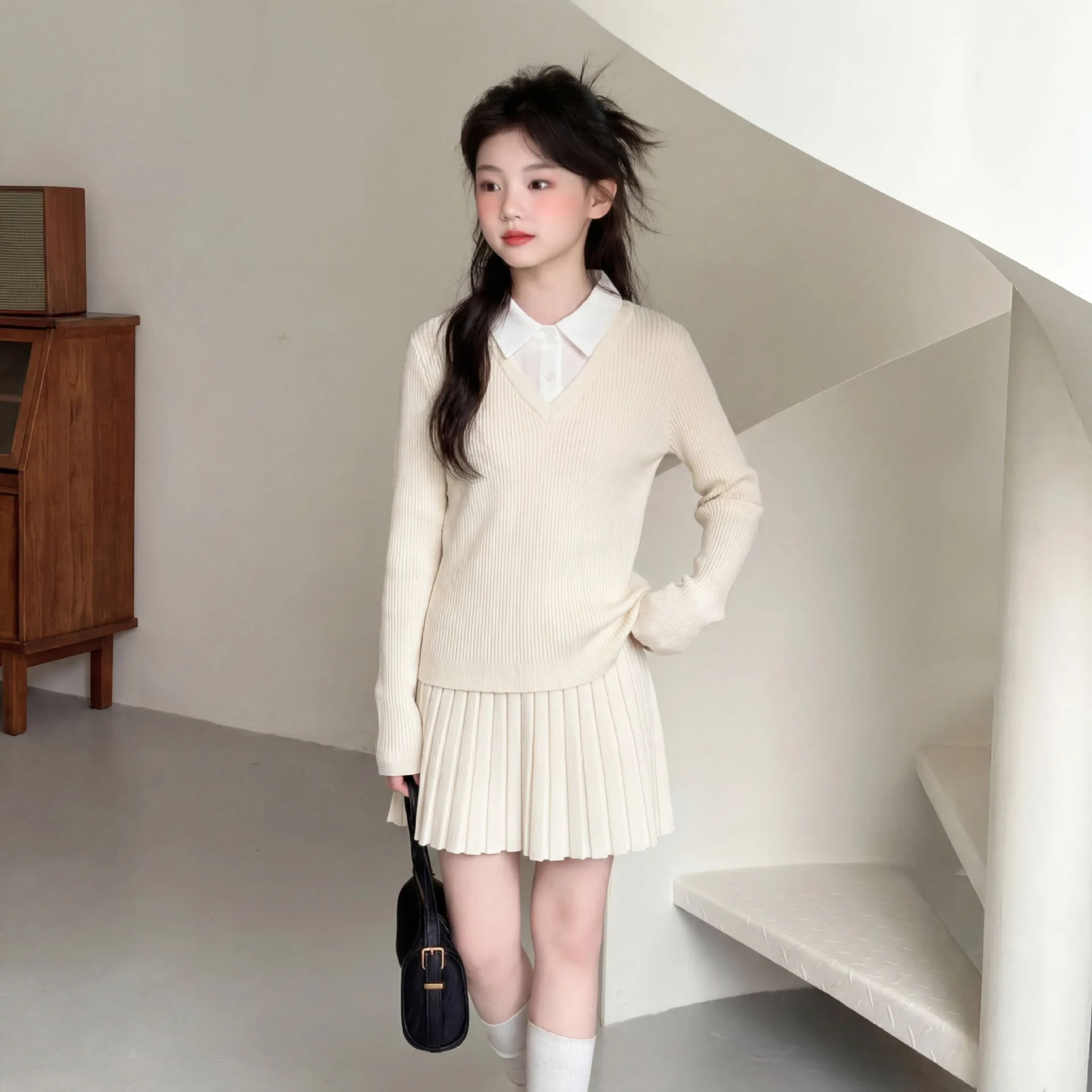 2026 autumn winter girls Cloth Children set long sleeve Teens sweater knitted blouse patchwork + JK pleated skirt 4 8 10 12 year