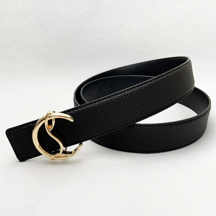 ​​2025 New Luxury Black Grain Leather Belt - Unique Curved Gold Buckle, Textured Strap for Men & Women, Fashion Dress Accessory​