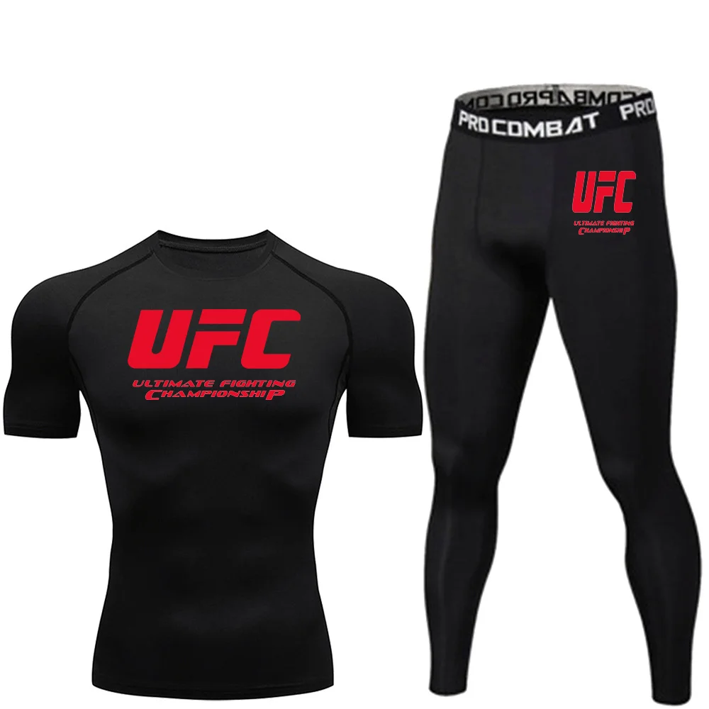 UFC Men's New Fighting Tight Elastic T-shirt Pants Set Summer Outdoor Sports Fitness Short Sleeve Street Jogging Top Set
