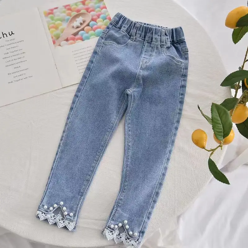 Kids Girls Spring And Autumn Pearl Jeans 2023 New Children\'s Pants ashionable Middle School Children\'s Baby Elastic Pants 2-8Y