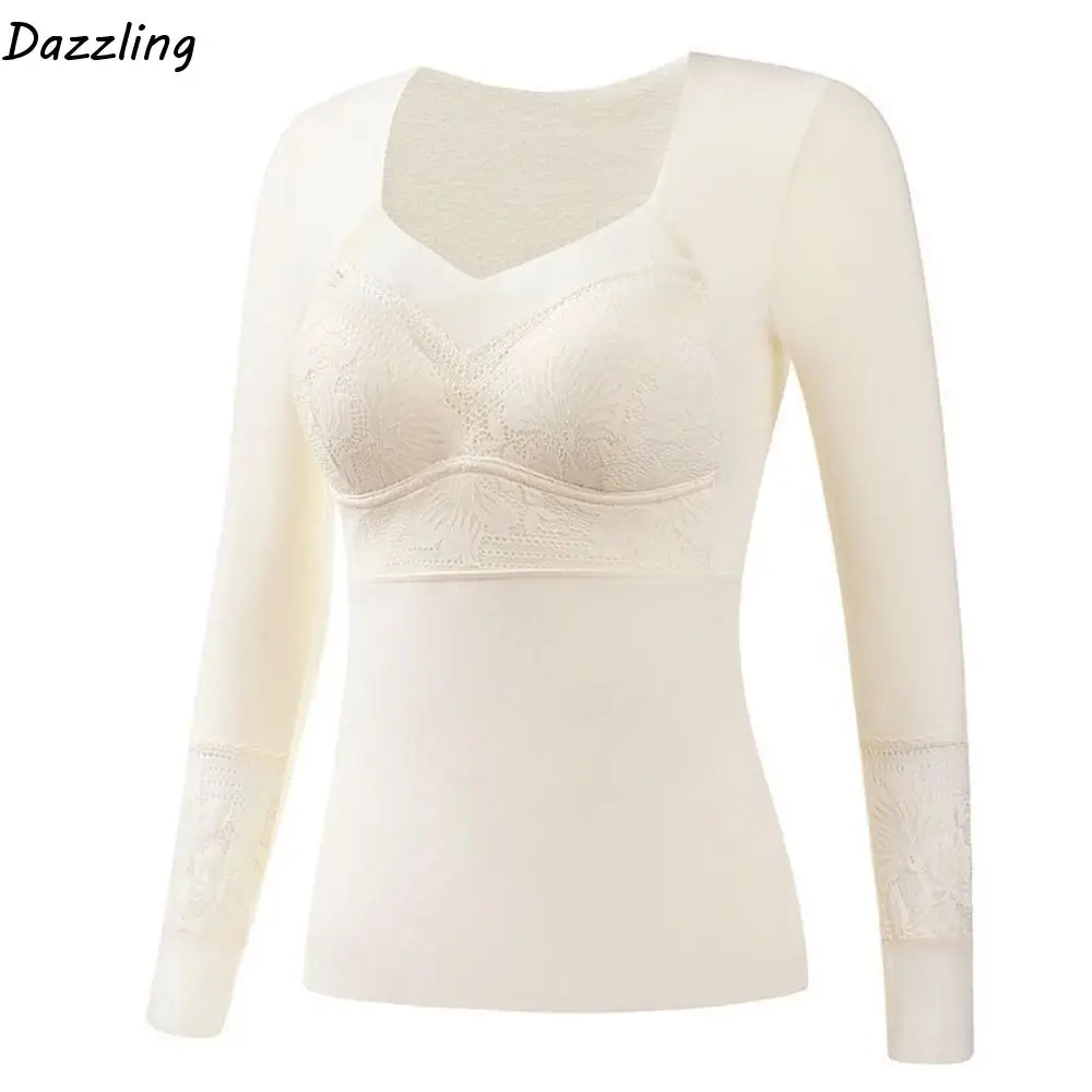 

Lace Women Thermal Clothes Mesh V Neck Invisible Thermal Underwear Feel Heating Autumn Clothes Warmth Long Warm Top