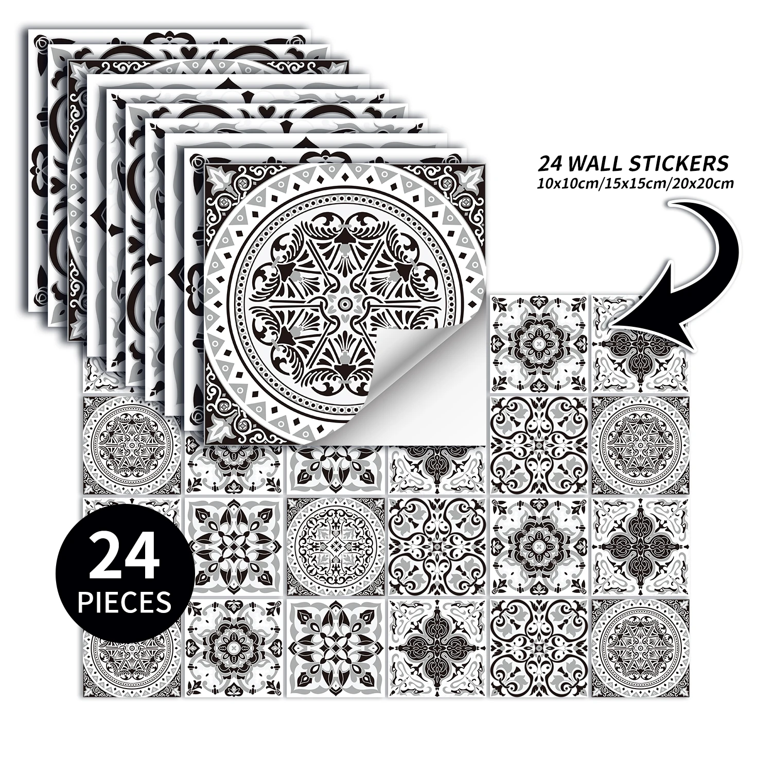 24 pcs/pack, Waterproof and Oil-proof, Easy To Clean, Black And White Retro Pattern Self-adhesive PVC Tile Stickers