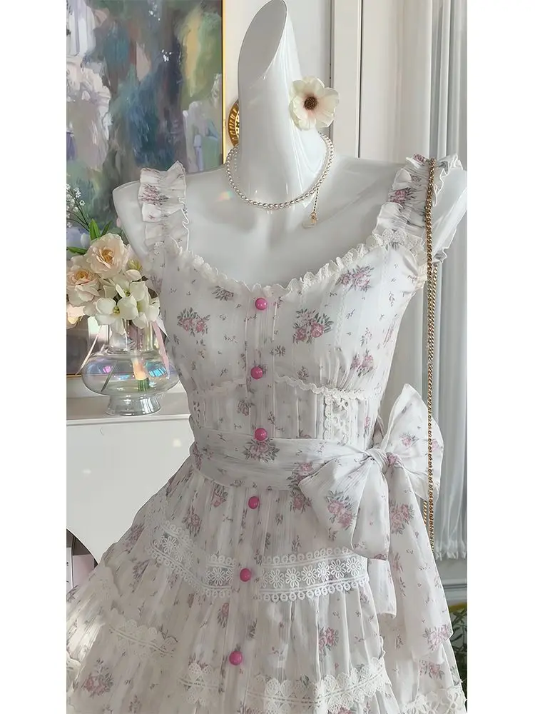 Vestido pequeño para mujer, vestido de verano con estampado de cristal Vintage, minivestido Floral bonito para talla pequeña, falda acampanada sin mangas 2024