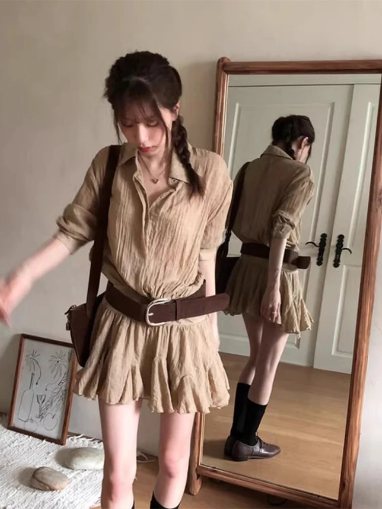 Clothland Women Sweet Solid Shirt Dress Belt Half Sleeve One Piece A Line Preppy Style Cute Fashion Mini Dresses QE208