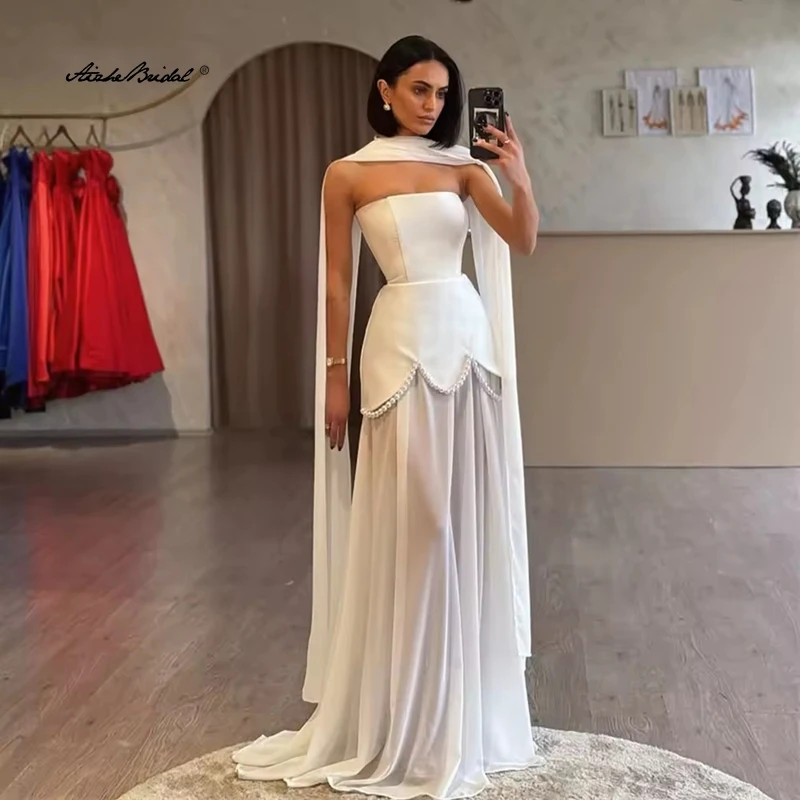 

Elegant Crepe Evening Dress Pearls Strapless A Line Formal Occasion Dresses Women Long Slim Prom Gowns Customized