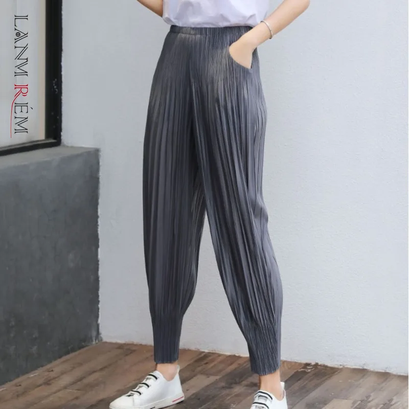 

LANMREM 2023 Spring High Elastic Waist Trousers Women's Pleated Harem Pants Casual Loose Pockets Fold Solid Color Pants 2C396