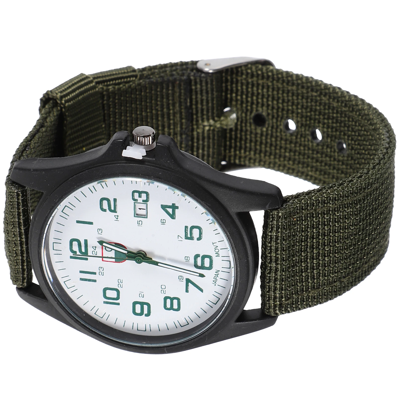 

Stylish Men Quartz Wrist Woven Nylon Band Army Green Fashion Sports Watch Calendar Timepiece Hypoallergenic Mens