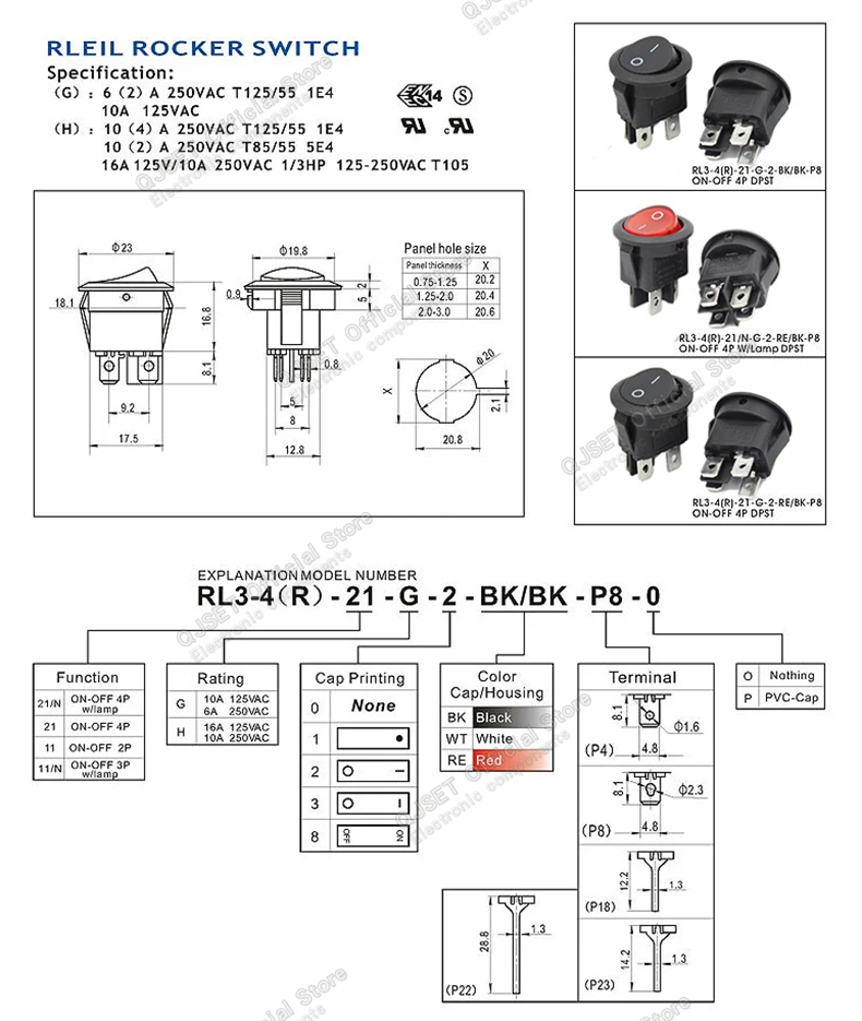 5 Stück KCD1 EIN-AUS-EIN 2/3/4-Pin 2/3-Positionen Einrastbarer 6A 220V Grüner Roter LED Runder Wippschalter für Haushalt DIY Ersatz – Detail 3
