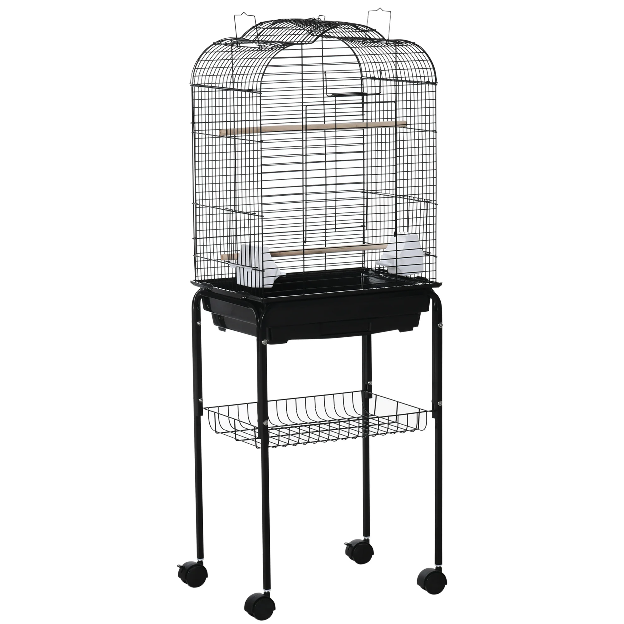 Pawhut Vogelkooi met 4-wielige standaard, te openen dak, 2 voerbakken, plank