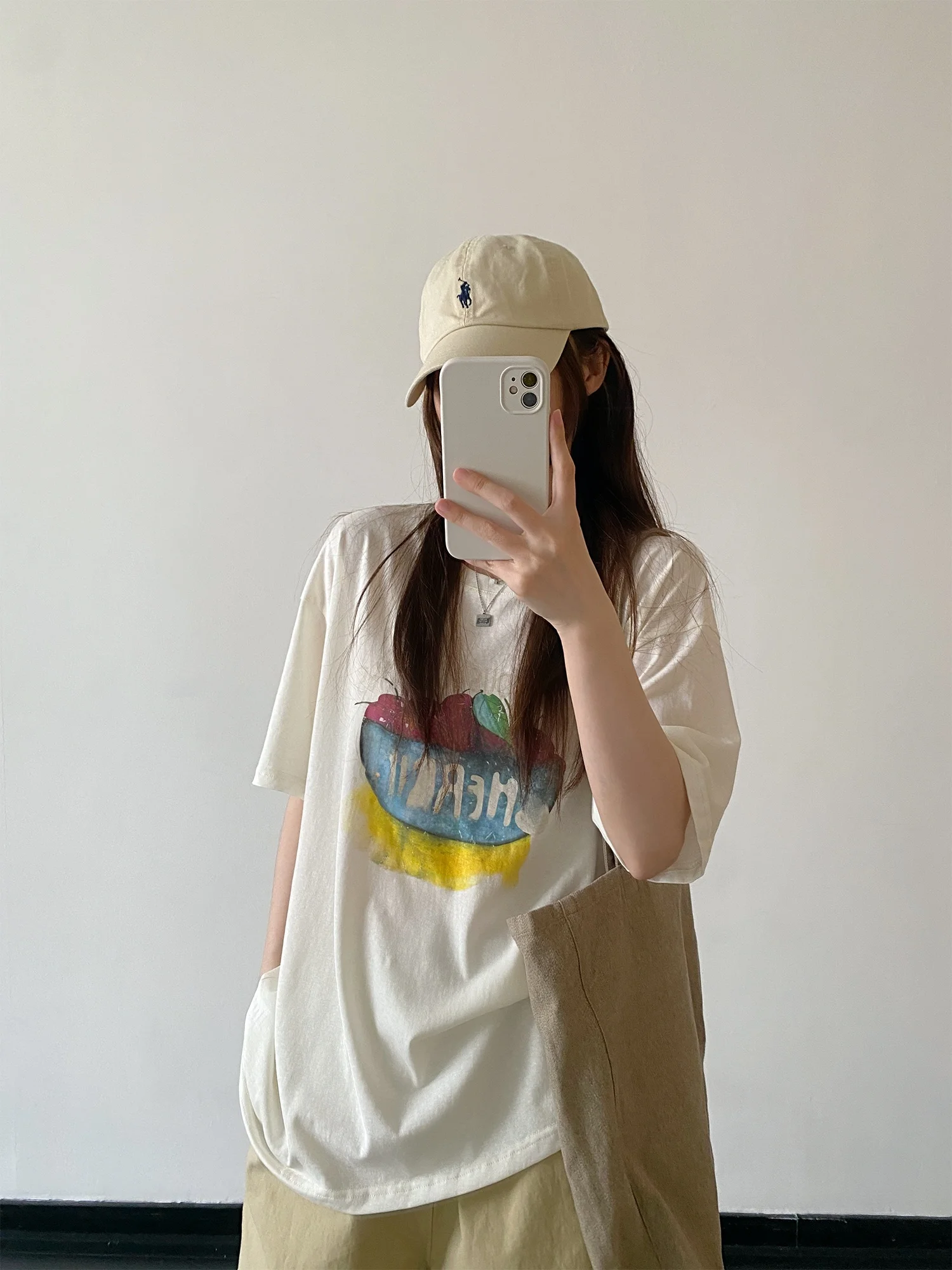 SunYeo Watercolor Hand-drawn Style Cherry Bowl Print T-shirt Thin Casual Loose Fit round Neck Short Sleeve Women's Top