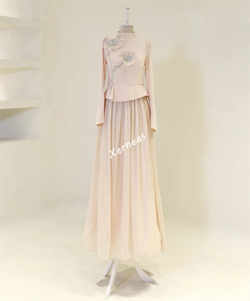 تخصيص جيرسي حجر الراين اليدوية زهرة عالية الياقة فساتين طويلة مناسبة مخصصة المرأة مساء أنيقة حفل زفاف