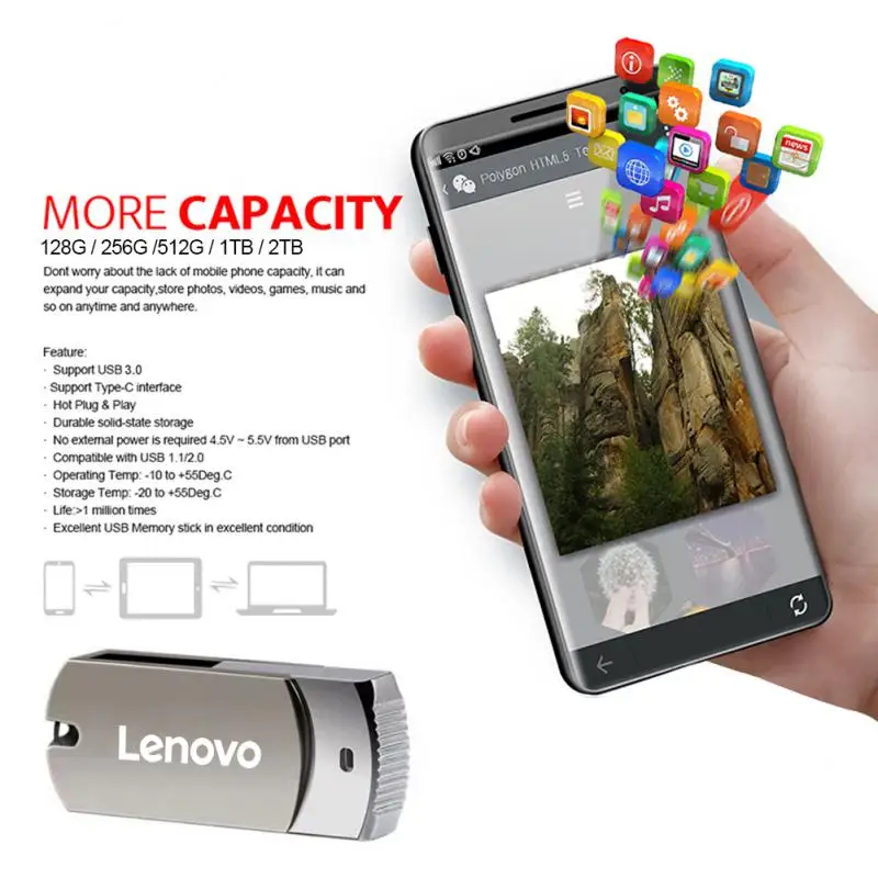 Lenovo USB 3.0 Flash Drive Metal Pen Drive 16TB 8TB Waterproof High Speed Flash Disk Mini Memory Sticks 2TB U Disk Pen Drive