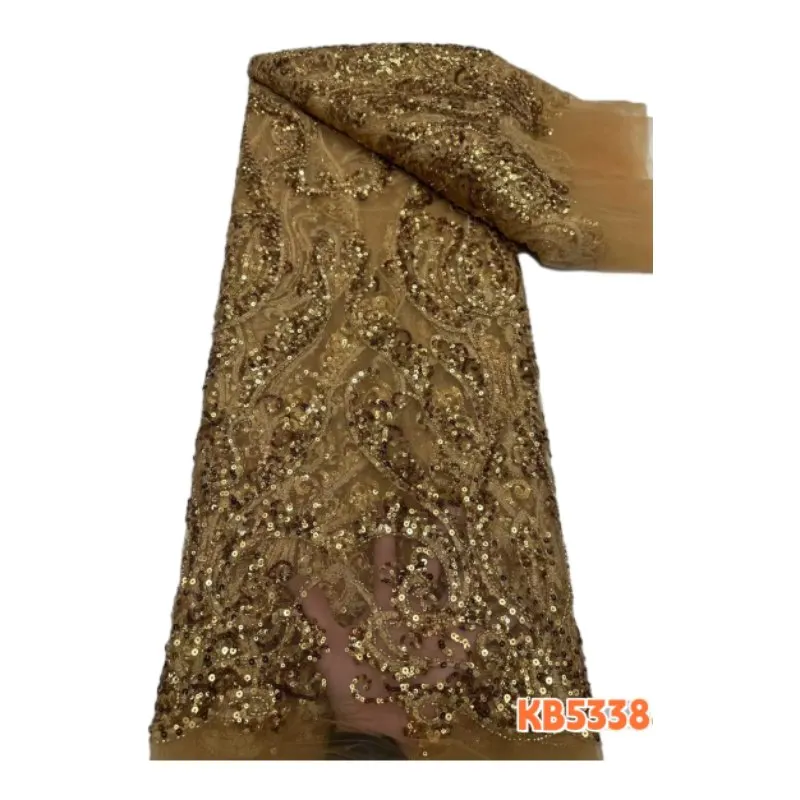 

Роскошное кружево с золотыми бусинами и пайетками в африканском нигерийском стиле для жениха, французская сетчатая ткань 2026 года для пошива свадебных платьев KB5338