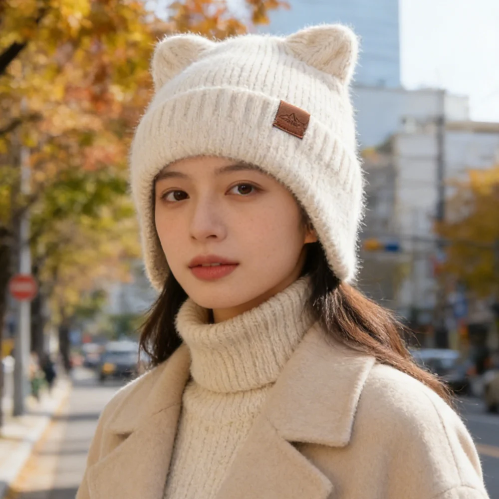 New Women Candy Colors Earflap Beanie Fashion Faux Fur Knitted Hat Lovely With Ear Soft Beanie Hats Female Streetwear Cap