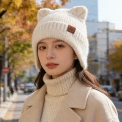 New Women Candy Colors Earflap Beanie Fashion Faux Fur Knitted Hat Lovely With Ear Soft Beanie Hats Female Streetwear Cap