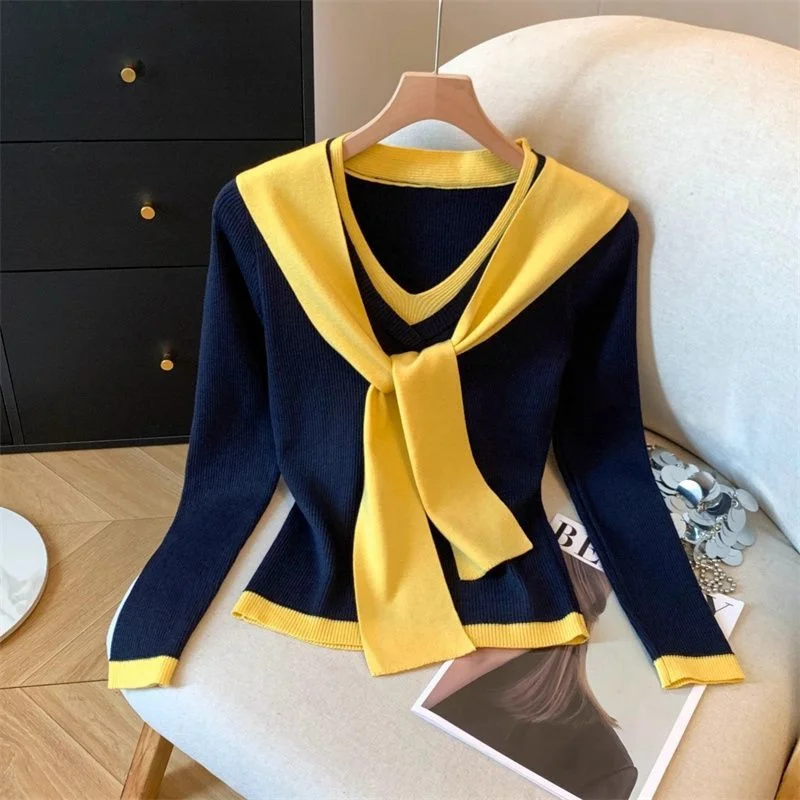 

Color Blocking Splicing V-neck Shawl Knitted Sweater T-shirt Two-piece Set Fashion Women's Sweater 2026 Spring Autumn New Top